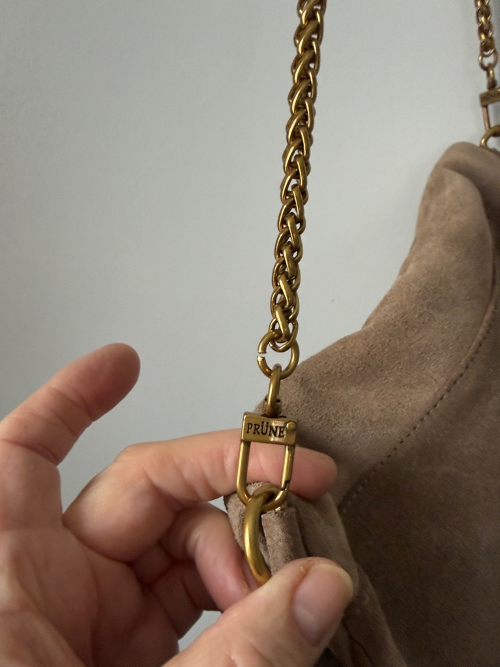 Prune Tan Suede Crossbody Bag with Gold Chain - Picture 16 of 16